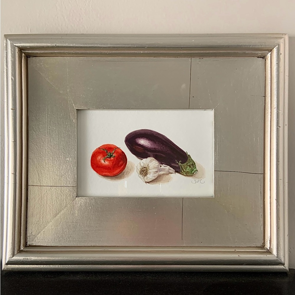 Original Framed Painting Kitchen Dining Eggplant Tomato Garlic 4x6 inch